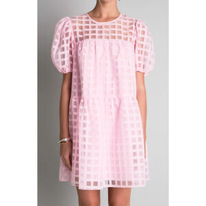 English Factory Large gridded puff sleeve short dress pink Babydoll poufy NEW